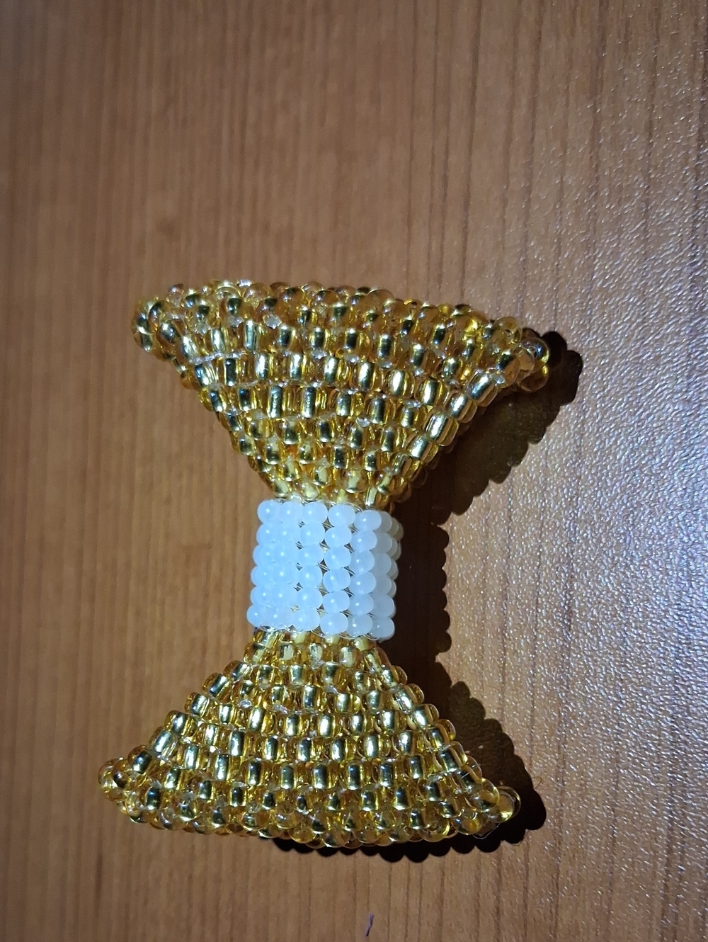 Gold and White Beaded Bow Hair Clip